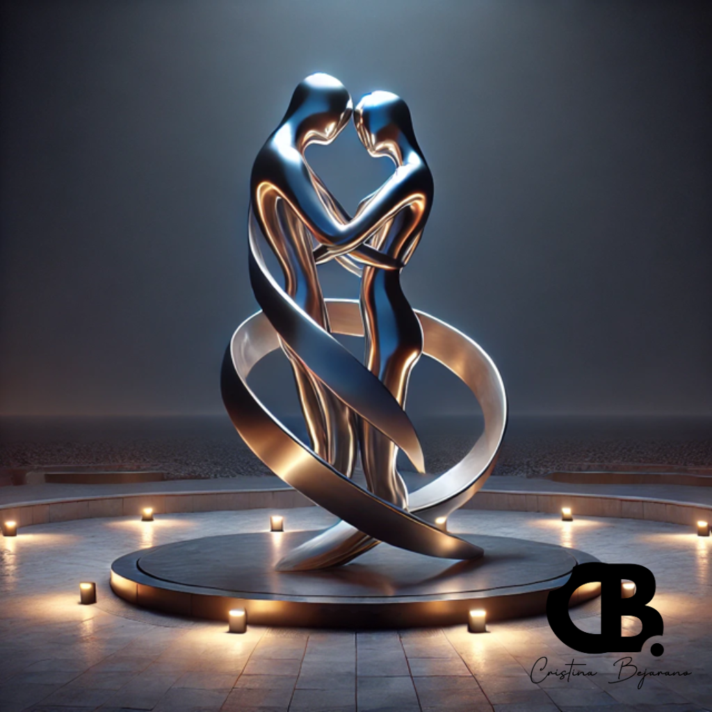 Escultura metálica de dos figuras humanas entrelazadas con bandas curvas de acero, obra contemporánea iluminada en entorno urbano, diseño de Cristina Bejarano.