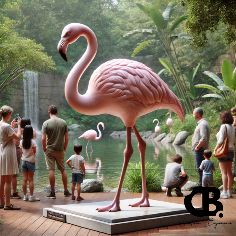Escultura de flamenco en fibra de vidrio con diseño realista, sobre base de hormigón, rodeada de visitantes en un zoológico natural.