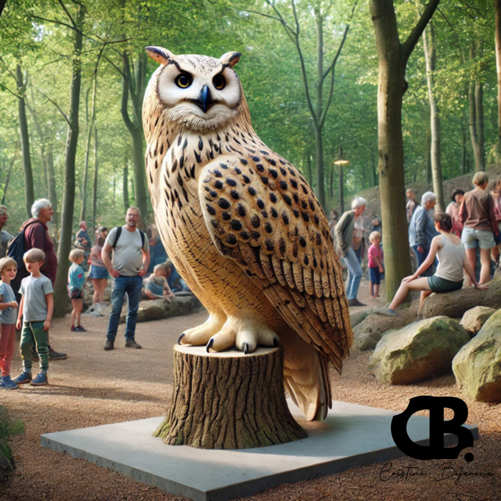 Escultura de búho realista en fibra de vidrio, colocada sobre un tronco y rodeada de visitantes en un entorno natural de zoológico.