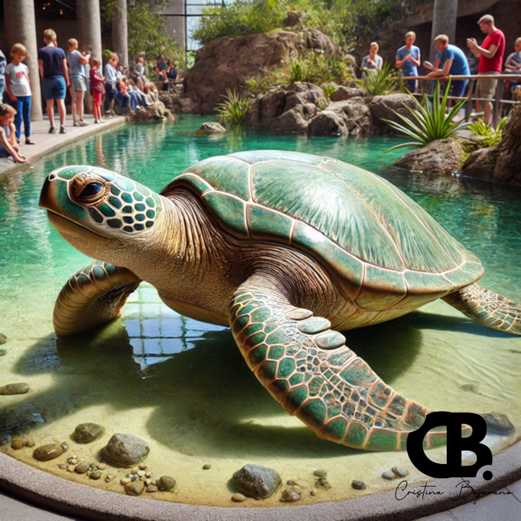 Escultura realista de tortuga marina en fibra de vidrio en una laguna artificial dentro de un parque zoológico, con visitantes observando alrededor, obra de Cristina Bejarano.