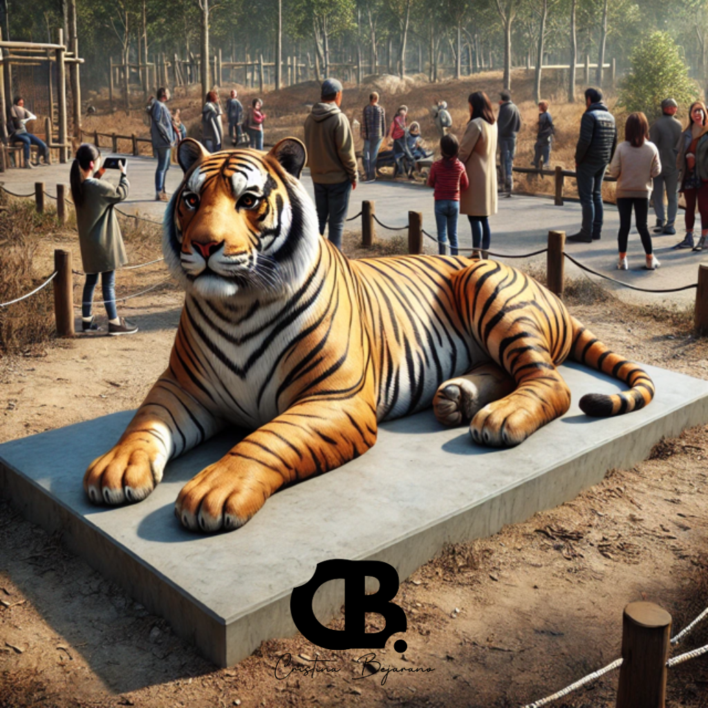 Escultura de tigre de tamaño real en fibra de vidrio sobre plataforma, en un zoológico con visitantes alrededor, obra de Cristina Bejarano.