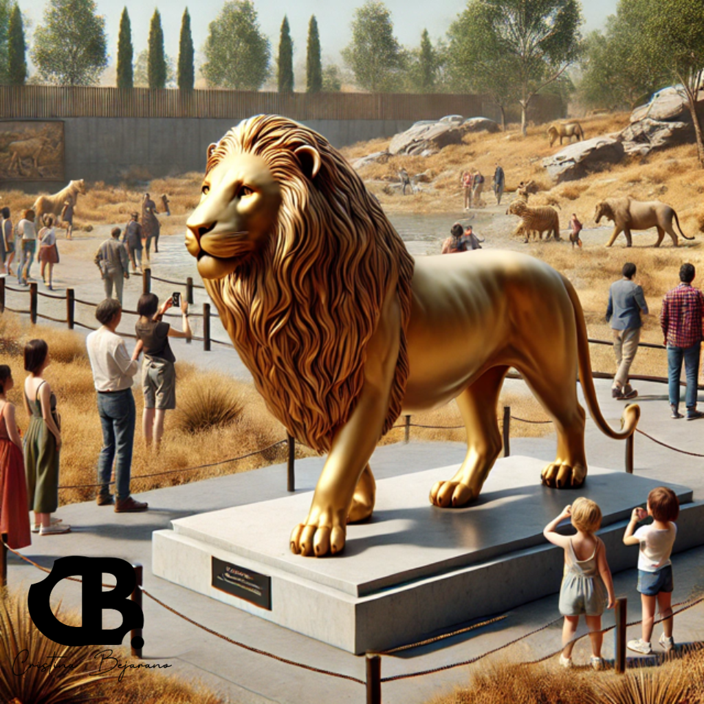Escultura dorada de un león de tamaño real sobre pedestal en un zoológico, rodeada de visitantes, obra de Cristina Bejarano.