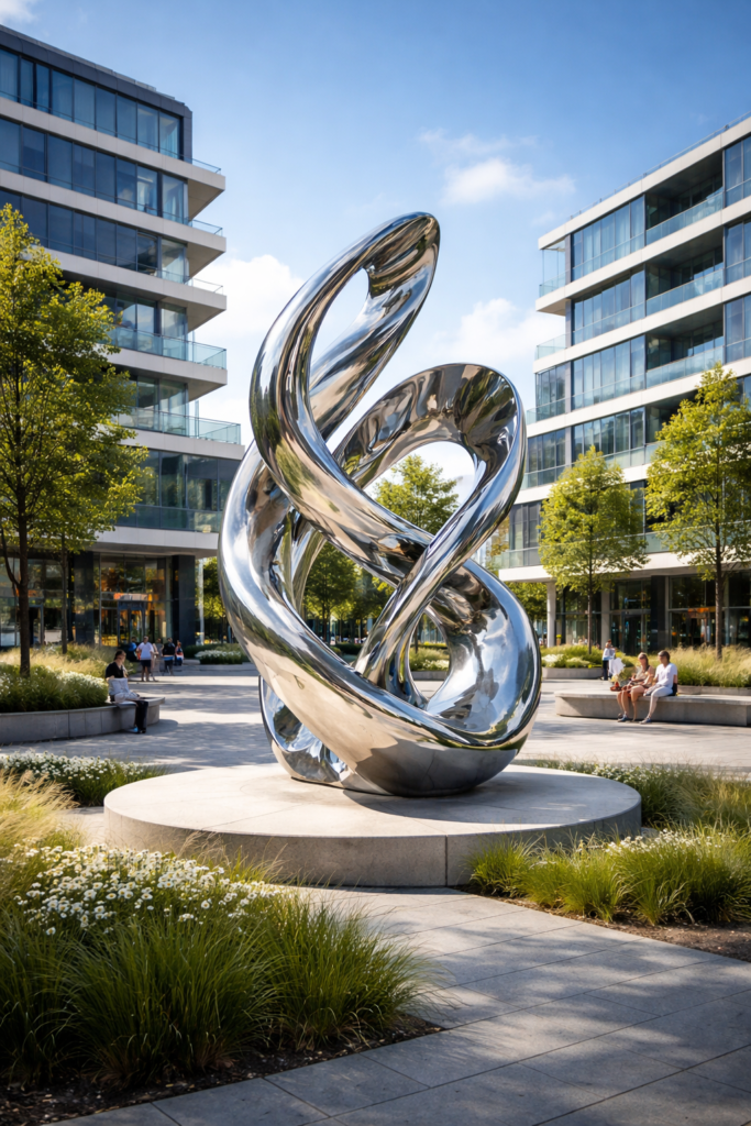 Escultura urbana de acero inoxidable a medida en espacio público diseñada por Cristina Bejarano